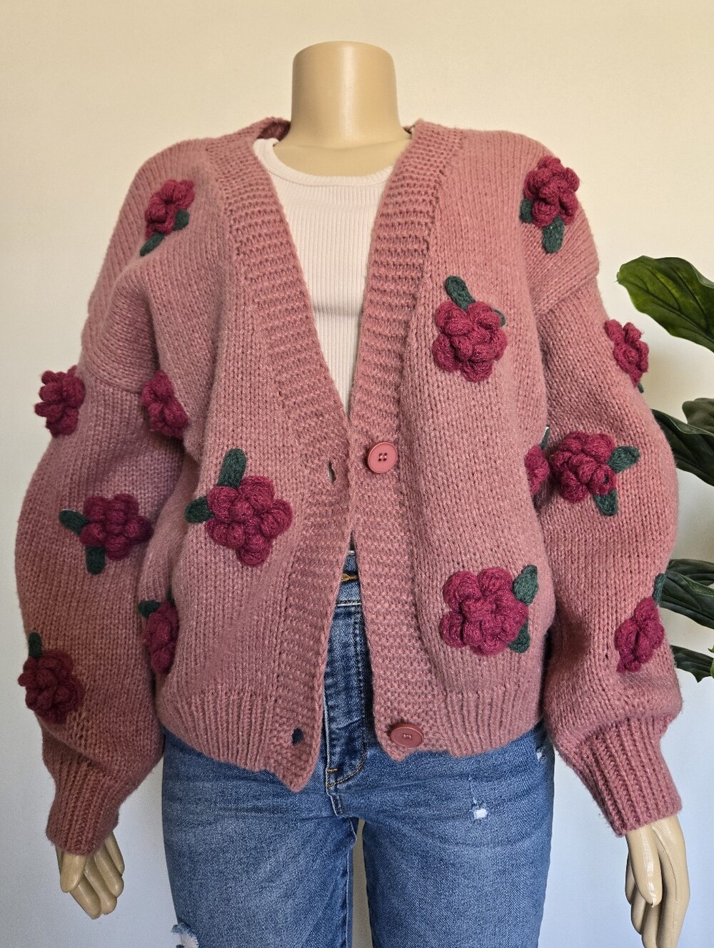 Luna Ivy Dusty Rose Pink 3D Floral Applique Chunky Knit Cardigan Sweater Size M